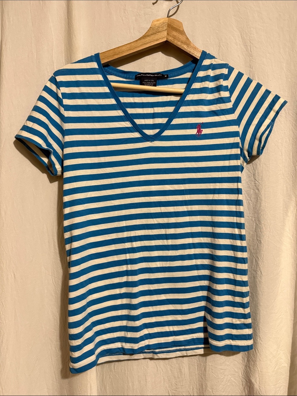 Ralph Lauren Blue and White Striped V-Neck Tee